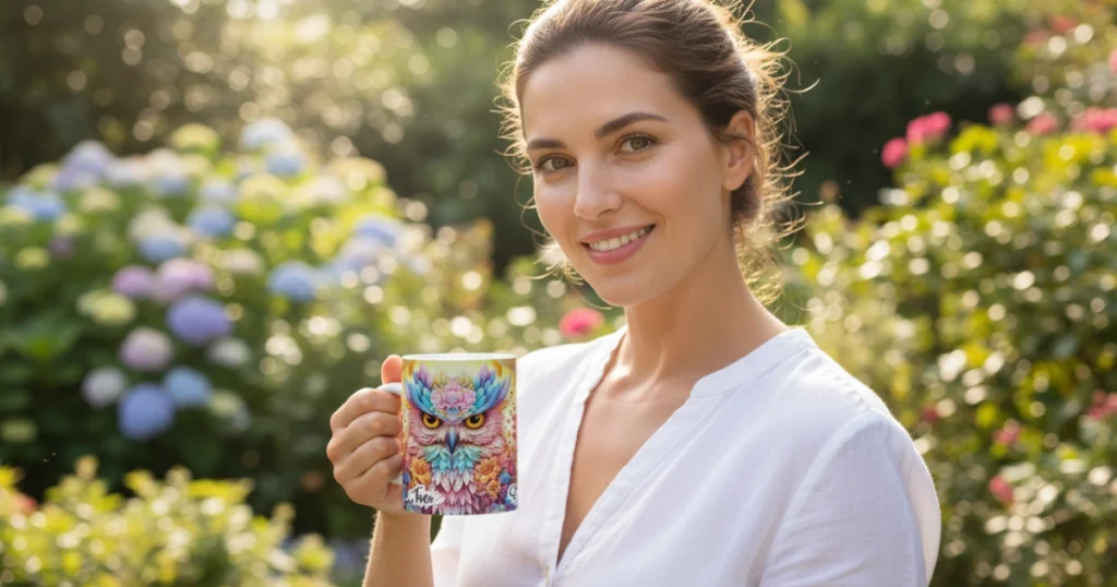 Caneca Personalizada Arquétipo da Coruja Desvende a Sabedoria Interior Mulher com a caneca na mão